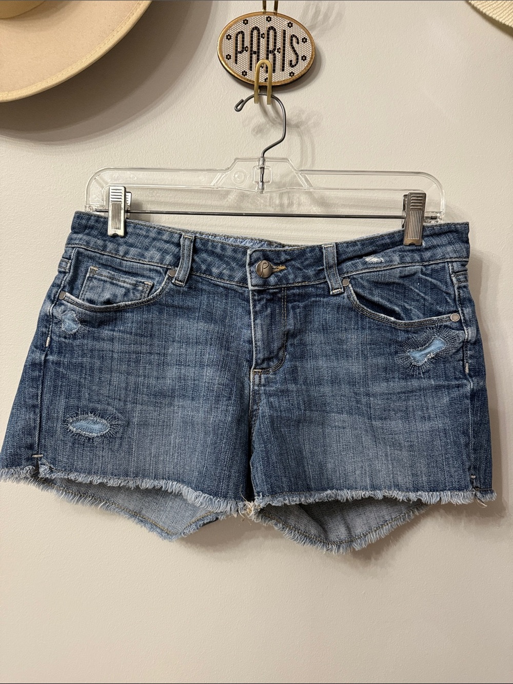 PAIGE Distressed Blue Denim Cutoff Shorts